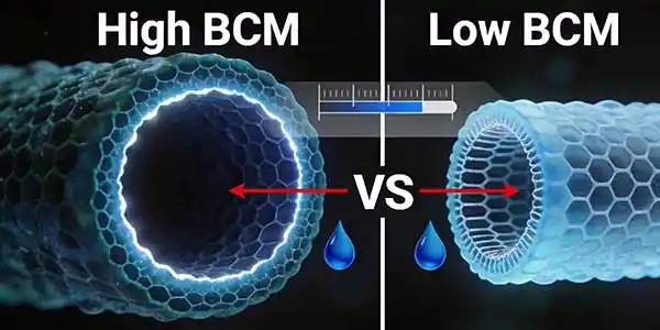 Microscopic view comparing high BCM anilox cells with deep large openings versus low BCM cells with small shallow structures showing ink volume difference
