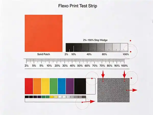 Flexo printed test form with solid density patches and tonal step wedge from 2 percent to 100 percent for anilox volume verification and dot gain measurement
