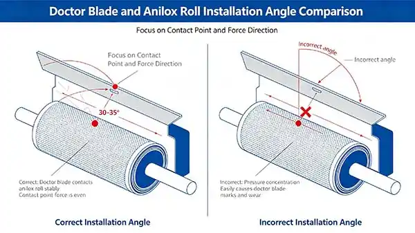Correct vs incorrect doctor blade installation angle on flexographic press showing proper 30-35 degree contact angle and improper alignment