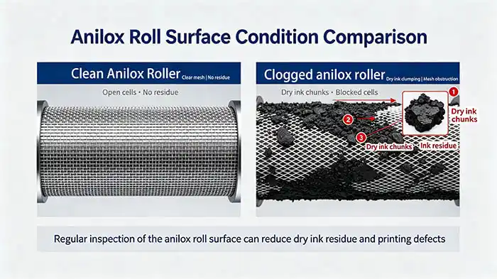 Anilox roll gradual plugging – microscope view comparing clean cells versus clogged cells reducing ink transfer volume
