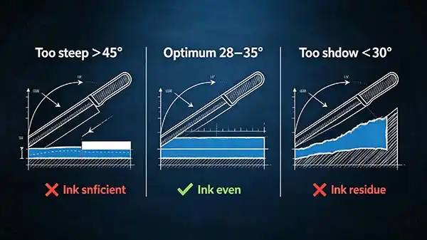 Comparison of doctor blade angle effects on flexo ink metering - steep angle causes ink starvation, optimal 30-35 degree angle provides clean wipe, shallow angle causes dirty print