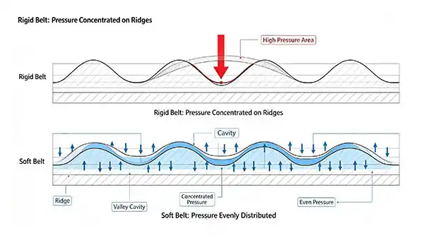 Pressure distribution comparison between hard and soft cushioning mounting tape on corrugated board surface in flexo printing