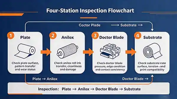 Four-station diagnostic flow for poor ink transfer in flexo printing