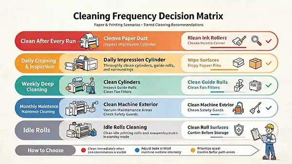Anilox cleaning frequency decision matrix for flexo presses showing daily, weekly, and ultrasonic deep cleaning triggers