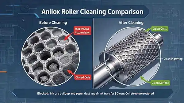 Microscopic before-and-after comparison of an anilox roll showing clogged cells and cleaned cells
