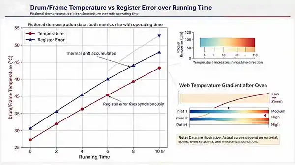 Chart comparing drum temperature rise with register error over a long paper flexo run