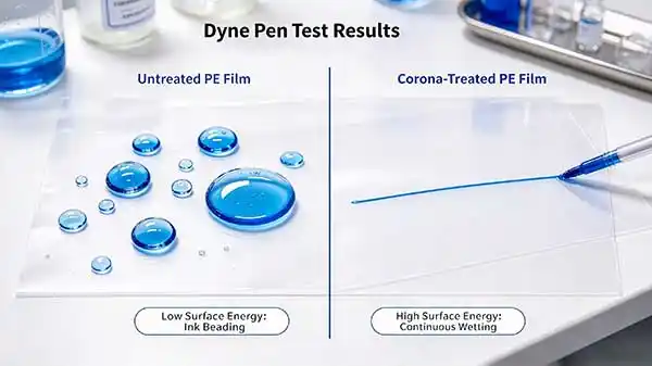 Dyne pen test on PE film: untreated surface beading vs corona-treated continuous wet line