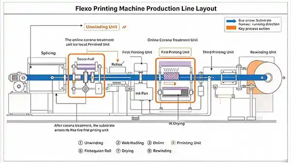 Inline corona treater before flexo print station on PE film press