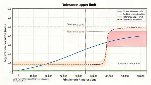 Register drift trend chart showing register error increasing gradually with print length on a long paper flexo run